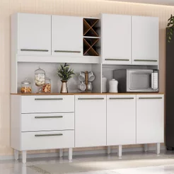 Armário para Cozinha 7 Portas 3 Gavetas com Balcão e Porta Garrafas Ajax Branco Branco
