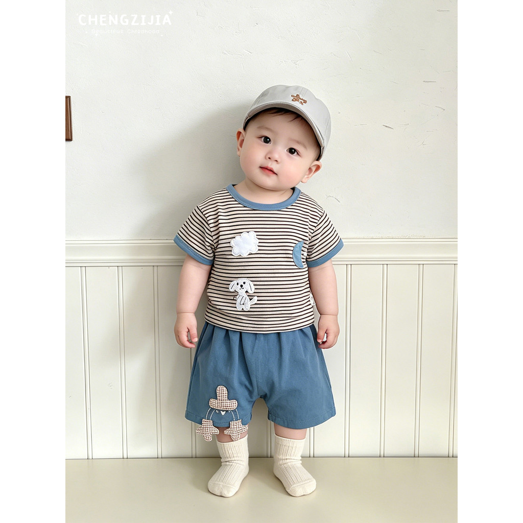 Bebê verão listrado terno de manga curta menino bonito dos desenhos animados fino camiseta bebê criança solto All-Match 