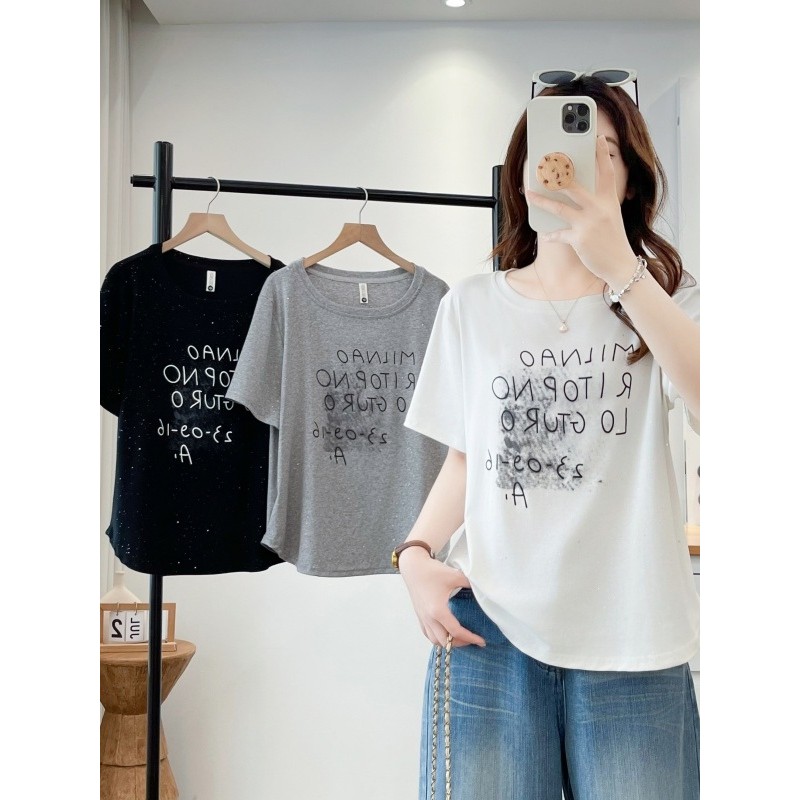 Tamanho grande carta impressa prata manga curta camiseta feminina verão novo estilo gordura mm solto cobrindo gordura ma