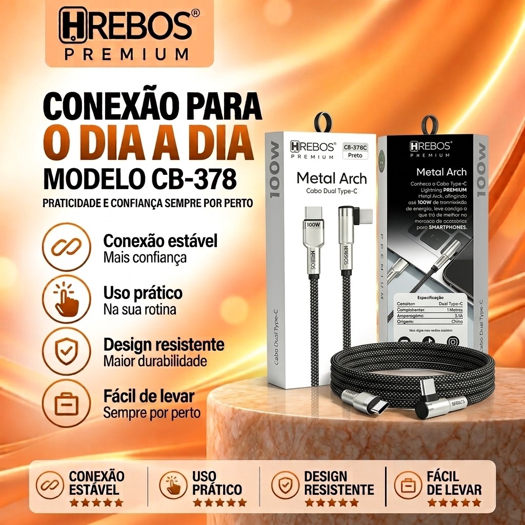 HREBOS Metal Arch Cabo USB-C 100W 1m com Conector 90° em L, Nylon Trançado para Celular, Notebook e Jogos PD Turbo 100W!