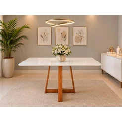 Mesa de Jantar Ibiza 120x80cm Pés em Madeira Maciça Tampo Laqueado com Vidro Branco/Mel Branco/Mel