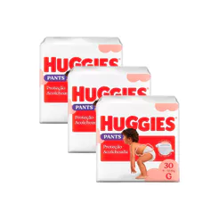 Kit 3 Fralda Huggies Pants Roupinha Proteção Acolchoada Tamanho G Pacote Mega 30 Unidades Descartáveis