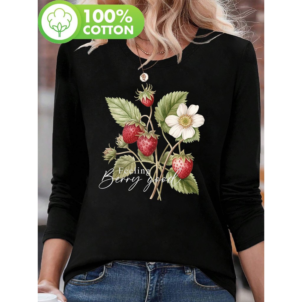 Camiseta Feminina Morango Floral Longa Manga Unissex Shirt Oversized 100% Algodão