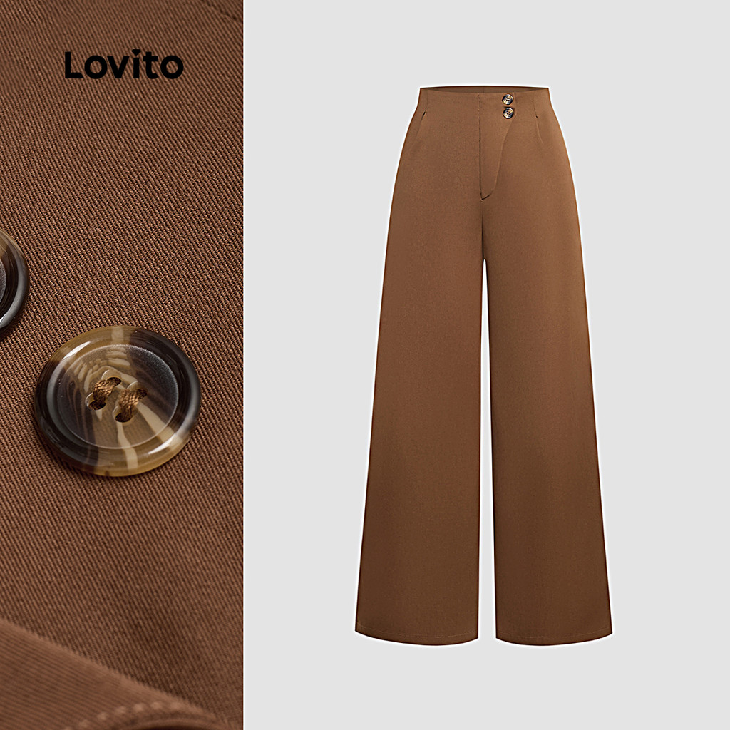 (NEW) Lovito Calças Elegantes com Botão para Primavera/verão Calças Marrom para Mulheres L154LD173 em Oferta na Shopee