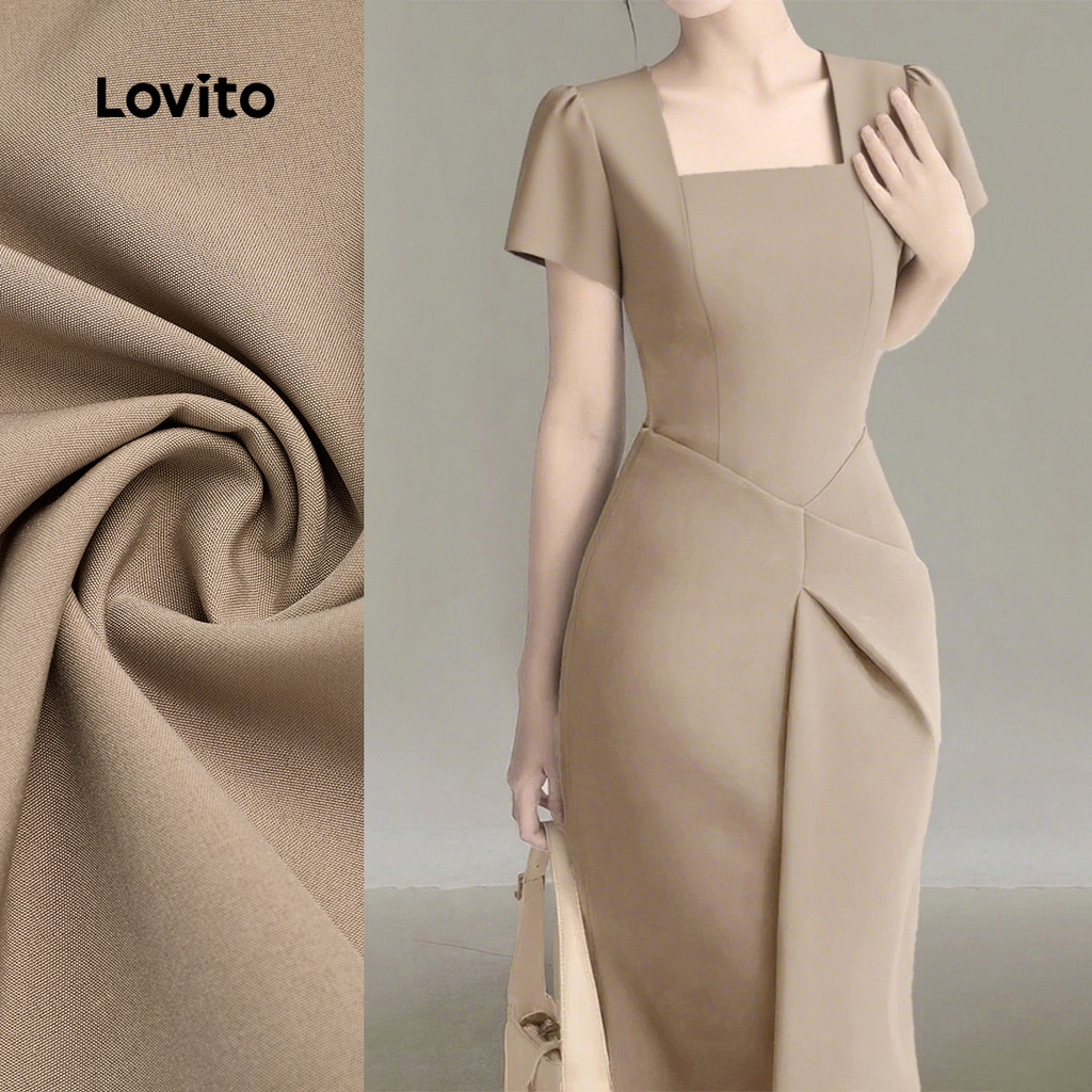 (NEW) Lovito Vestido Elegante Estruturado com Pregas em Caqui para Mulheres L155AD2034 em Oferta na Shopee