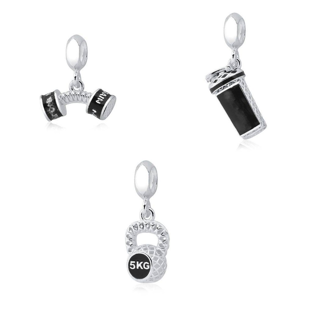 Kit 3 Berloques Academia Halter Kettlebell Coqueteleira em Prata 925 Legítima