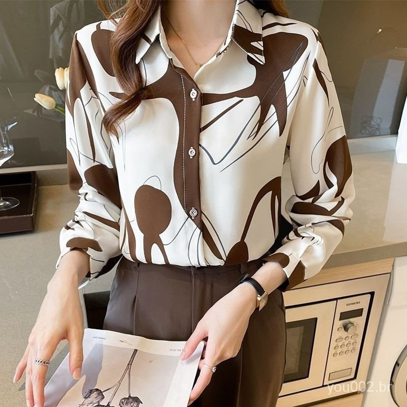 Blusa de chiffon estampada, estilo de escritório coreano para mulheres 2CG1