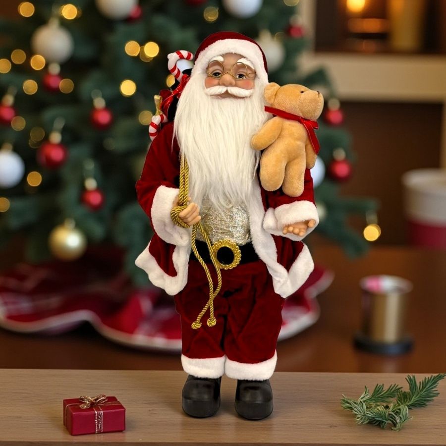 Papai Noel Decorativo em Pé com Saco de Presentes e Urso - Vermelho e Branco - 60cm - 1 unidade - Rizzo