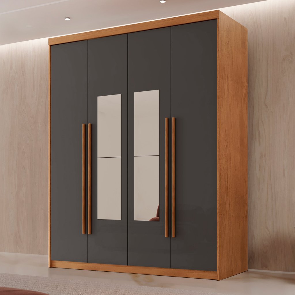 Guarda Roupa Solteiro 4 Portas 2 Gavetas com Espelho MDF Veracruz Naturalle/Grafite em Oferta na Shopee