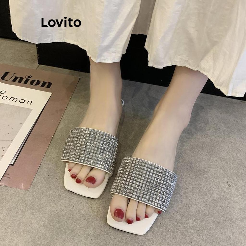 Detalhes do Lovito Casual liso strass temperamento moda antiderrapante usar fora da sandália plana para mulheres LFA71153