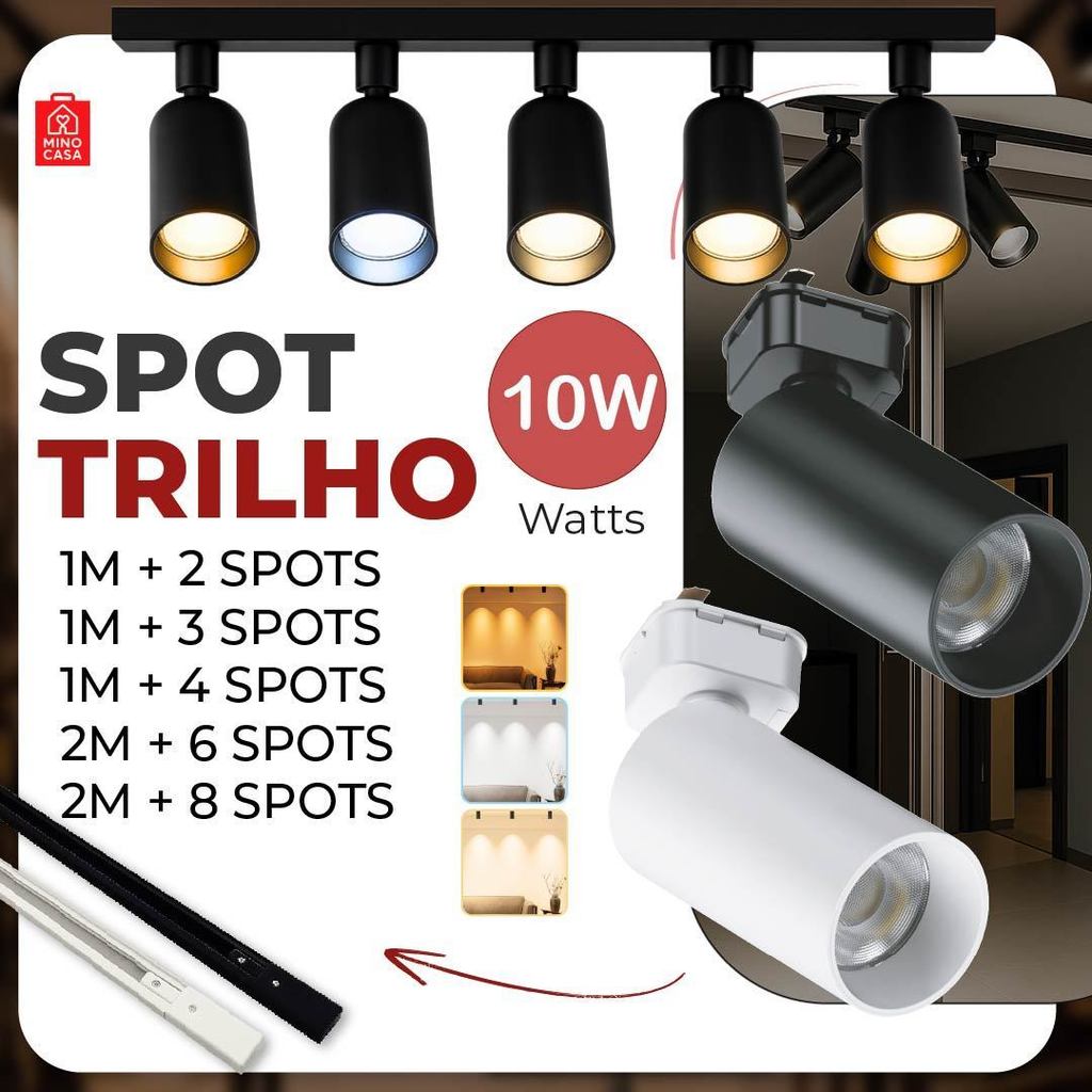 Trilho Spot LED para trilho eletrificado + Trilho + Conector Tubinho Preto e Branco 10W Bivolt em Oferta na Shopee