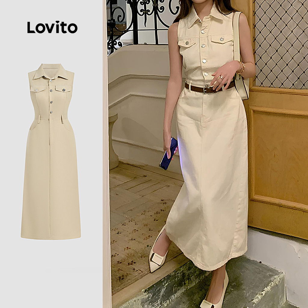 Lovito Vestido Casual com Botões para Primavera/verão em Tom Cáqui Claro para mulheres L154LD253 em Oferta na Shopee