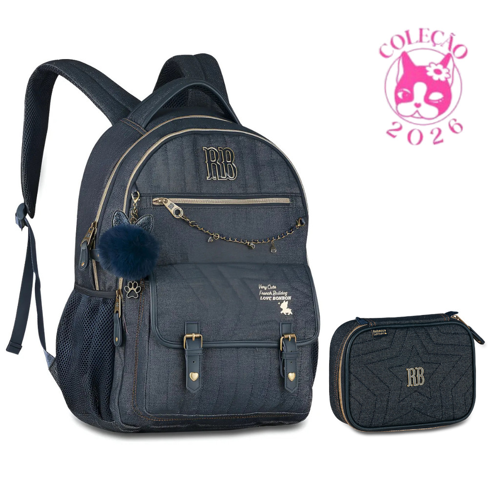 Kit de Mochila  Costas e Estojo Rebecca Bonbon Jeans Vintage denim em Oferta na Shopee