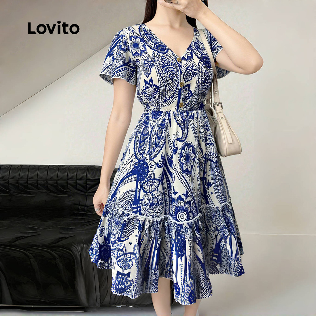 Lovito Vestido Casual Estilo Resort Com Botões Frontais Para Primavera/verão Azul Para Mulheres L152LD054 em Oferta na Shopee