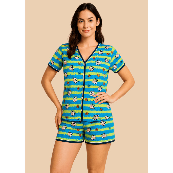 Babydoll Feminino Manga Curta Estampado Suede Canelado Roupa de Dormir