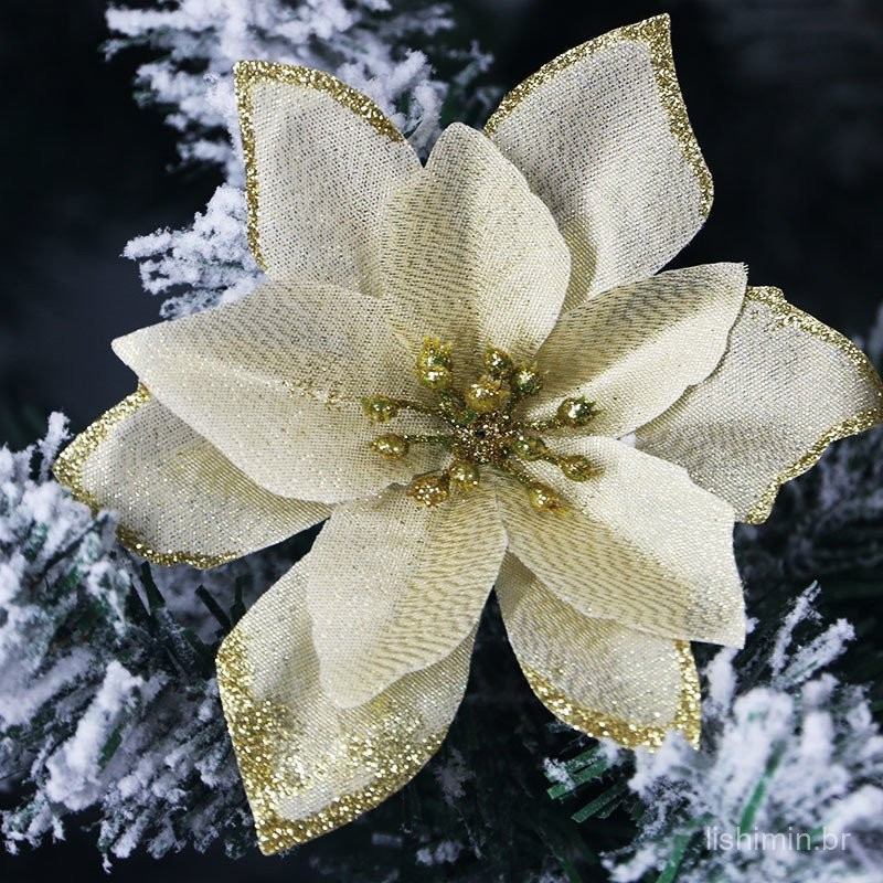 (10 Unidades/Pacote) 13cm Vermelho E Dourado Simulação De Natal Flor Glitter Tecido Artificial Árvore Decoração De Flore
