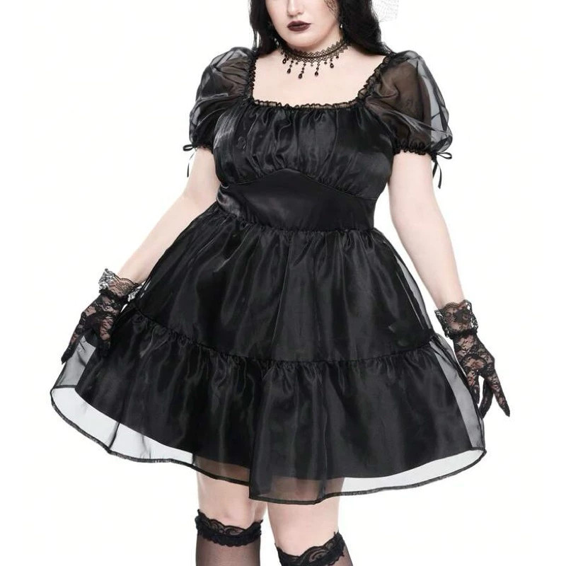 Vestido Curto Plus Size Gótico Festa Fantasia Halloween Tule Organza Disfarça Barriga Preto SH D361