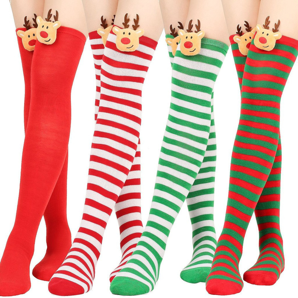 1 Par Meias De Natal Sobre O Joelho Longas Listradas De Pelúcia Elk Femininas Festa Traje Acessórios
