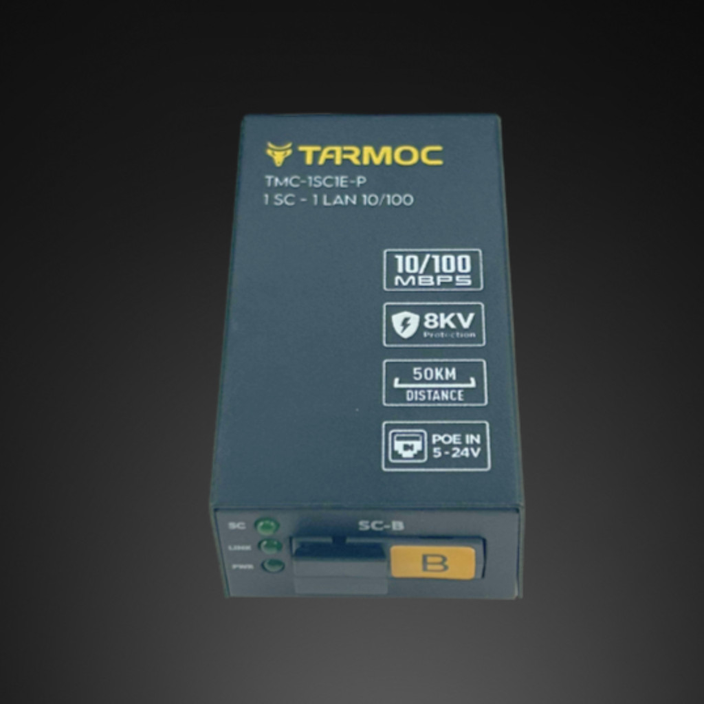 Tarmoc TMC-1SC1E-P-B Conversor de Mídia Fibra Óptica Switch 1 SC 1 LAN / 1 FO 1 LAN 10/100 POE IN 5-24 Volts
