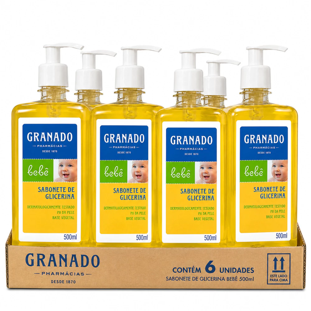 Kit 6x Sabonete Líquido de Glicerina Granado Bebê 500ml Suave Hidratante e Seguro para Uso Diário