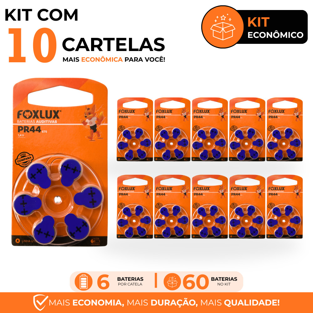 Pilhas Baterias Auditivas Foxlux 675 PR44 Kit com 60
