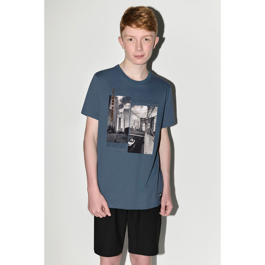 Conjunto Curto Juvenil Menino Estampa Urbana Beats Azul