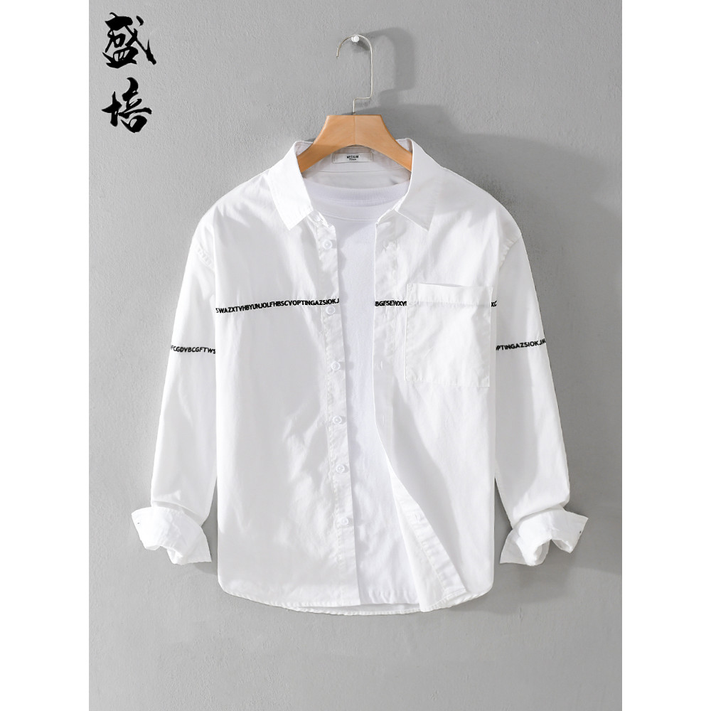 Camisa branca bordada masculina literária bonito primavera outono Polegada camisa Casual na moda camisa de manga comprid