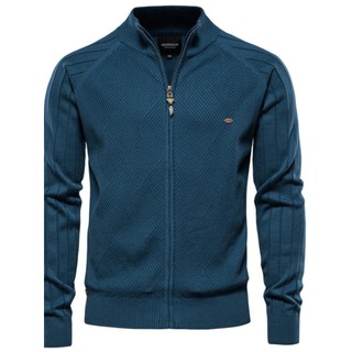 Anti-Pilling pesado puro algodão masculino gola alta zíper malha Cardigan camisola masculina jaqueta preguiçosa