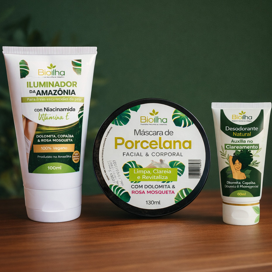Kit Clareador Bioilha | Creme Íntimo + Máscara Porcelana + Desodorante | Clareia Axilas e Virilha