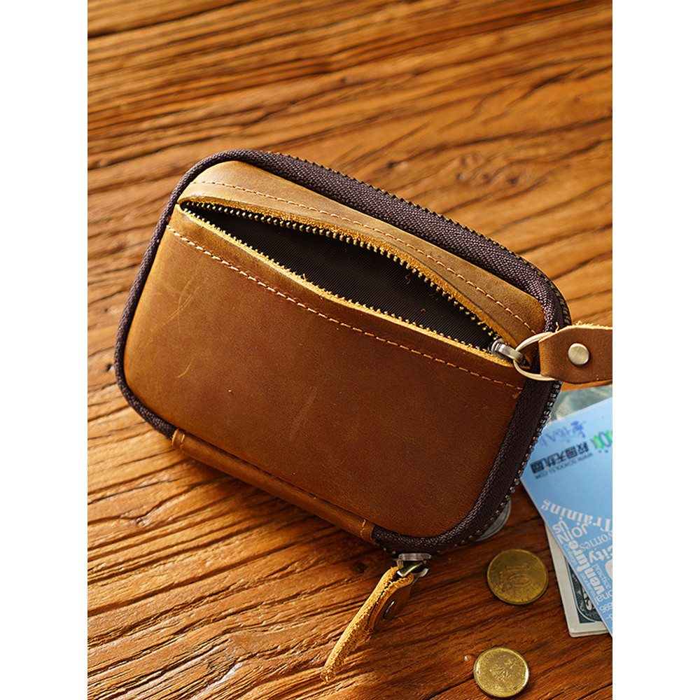 Bolsa de chave com zíper de couro com Slot para cartão, bolsa para chave de porta doméstica, bolsa de armazenamento de c
