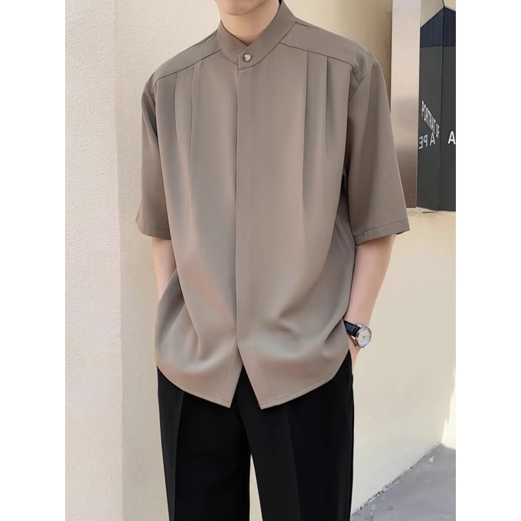 Verão topo masculino gola alta camisa estilo coreano na moda gelo seda de manga curta meia manga cor sólida D
