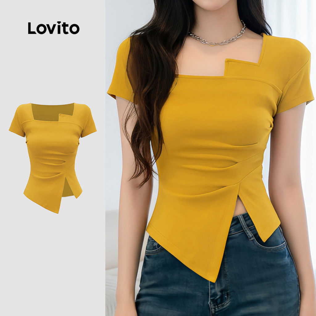 Lovito Camiseta Casual Assimétrica com Fenda Frontal para Mulheres Primavera/verão Açafrão LK5EDD187
