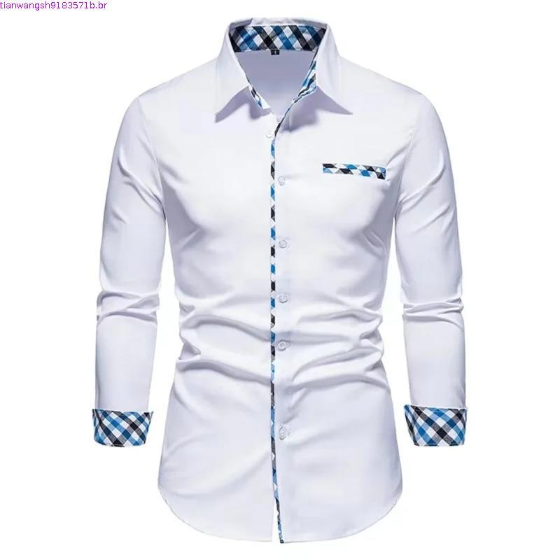 Moda Casual Masculina Cor Sólida E Preto Branco Simetria Grade Padrão Borda Negócios Lapela Botão Csa Vermelha Azul N