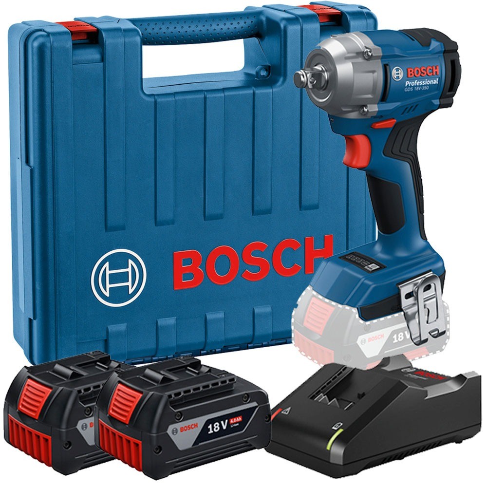 Chave de impacto a bateria 18V 4Ah encaixe 1/2" Brushless com 2 baterias GDS 18V-350 Bosch
