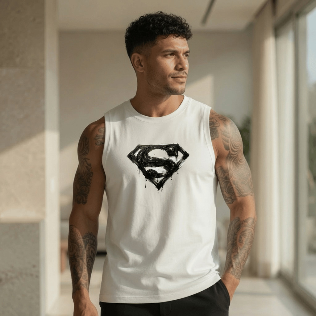 Regata Masculina Estampada Super S 100% Algodão Academia Premium Treino Fitness Casual Streetwear Verão Camiseta Cavada