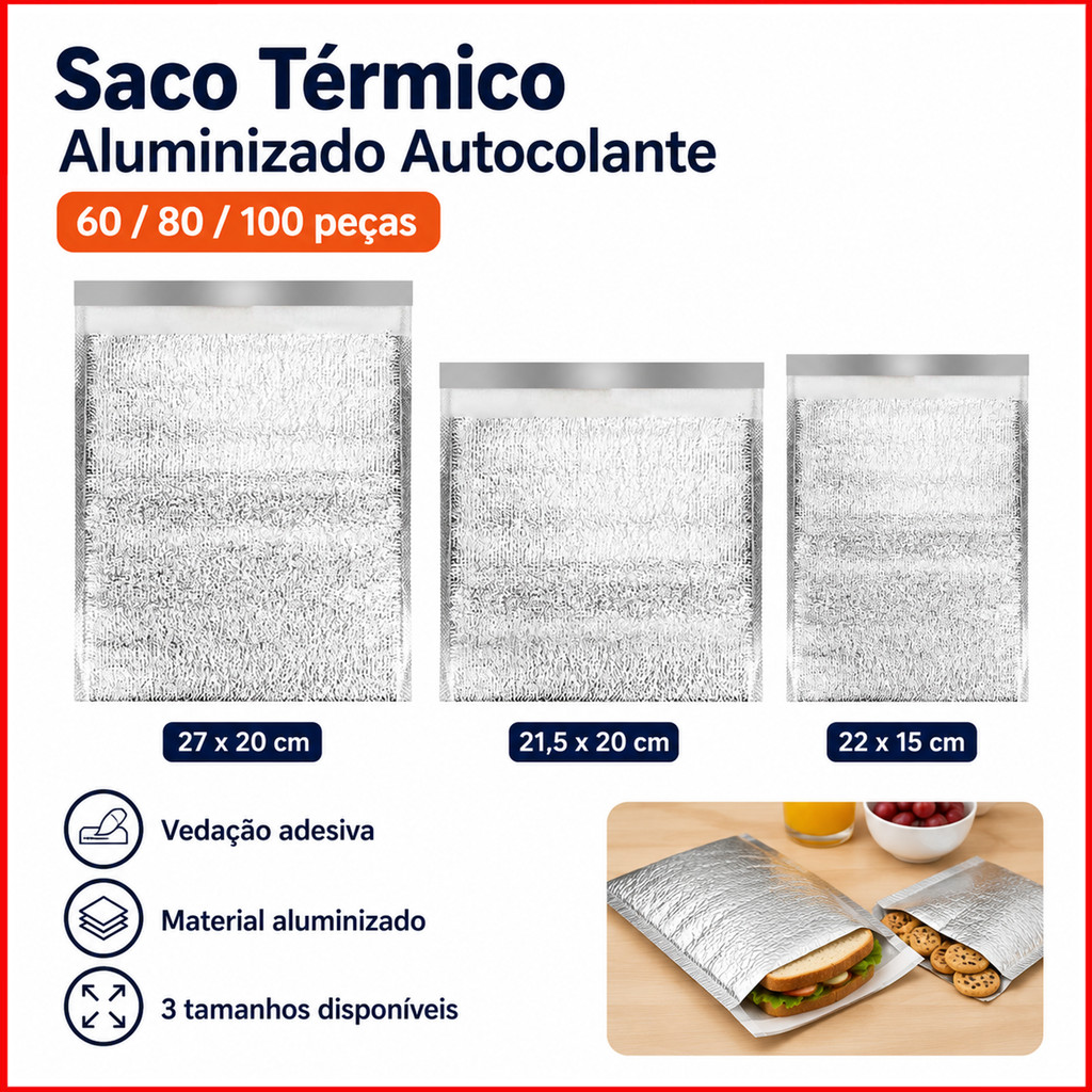 Saco Térmico Reutilizável 60/80/100 Unid, 3 Tamanhos com Fecho Adesivo para Comidas, Bebidas e Frutas