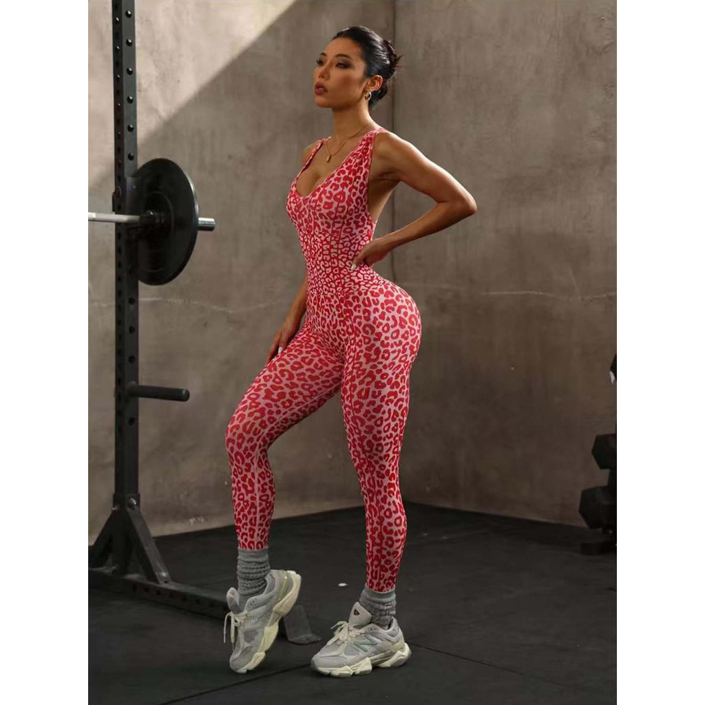 Macacão sem costura com estampa de leopardo e laço frontal para yoga e esportes de lazer 7SDQ