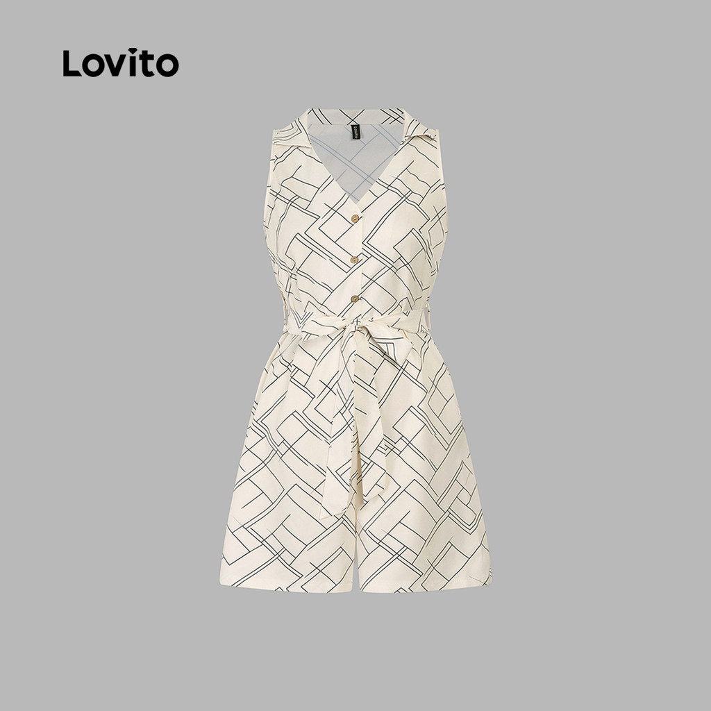 Lovito Macacão Casual com Cinto Estampado Geométrico Primavera/verão Cáqui para mulheres L198ED117 — imagem 2 de 2