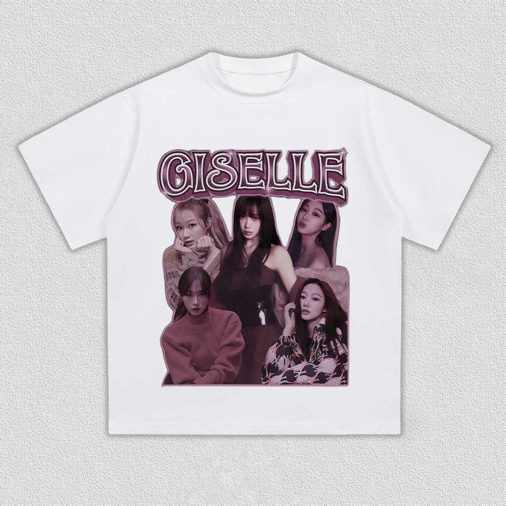 Camiseta Masculina Feminina Giselle Aespa Collage Foto T-shirt Unissex Streetwear Kpop Branco Algodão Premium