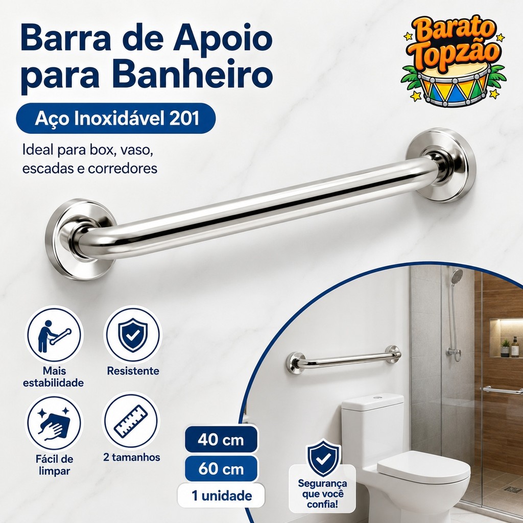 Barra Apoio Banheiro Aço Inox Seguranca Idoso Cadeirante Alça Acessibilidade Corrimão 40cm 60cm - Envio Imediato