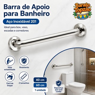 Barra Apoio Banheiro Aço Inox Seguranca Idoso Cadeirante Alça Acessibilidade Corrimão 40cm 60cm - Envio Imediato