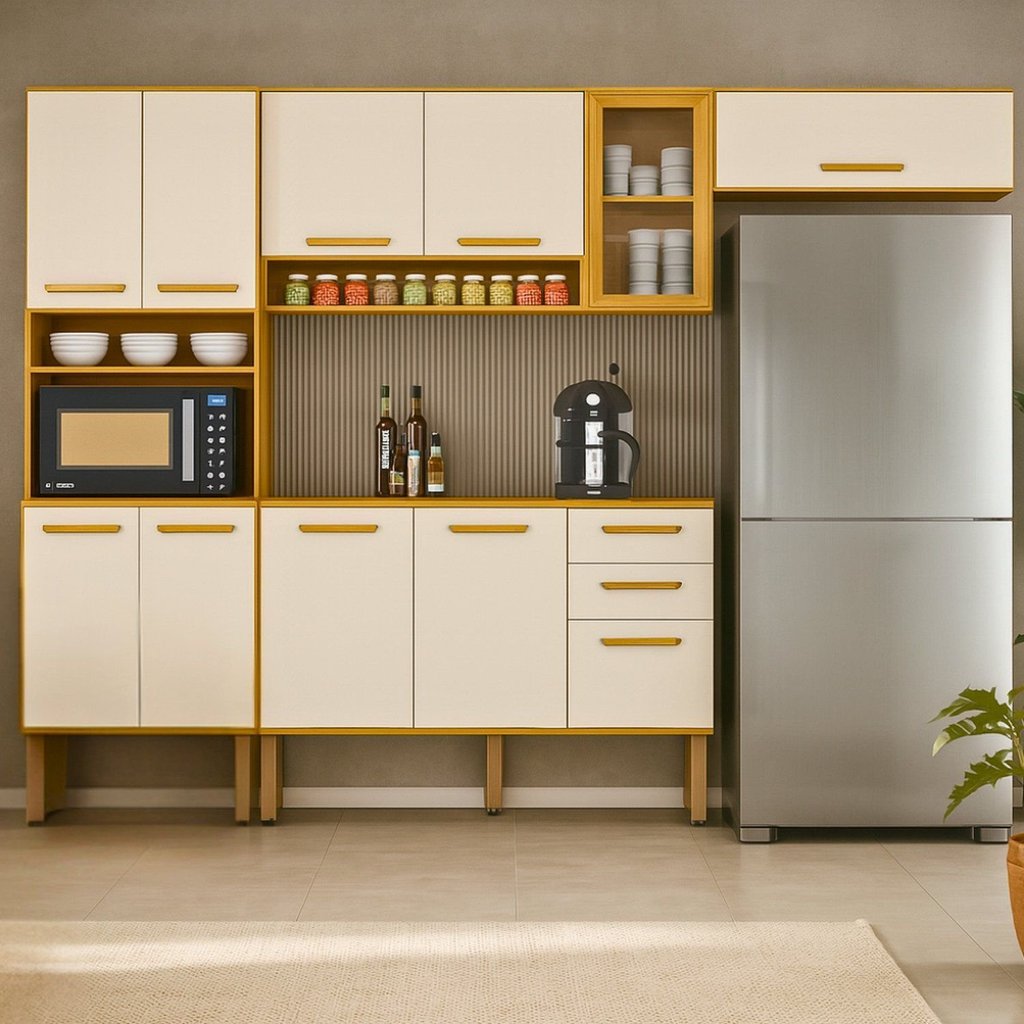 Cozinha Completa Modulada 11 Portas 2 Gavetas Adele Espresso Móveis Bege/Cinamomo/Off White Acetinado