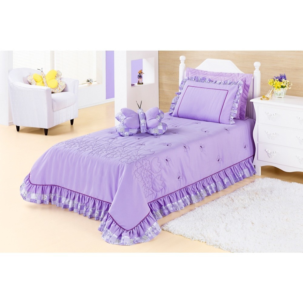Kit Cobre-Leito Infantil Borboleta 3 Peças Cama Solteiro Menina Colcha Estampada Decorativa Roupa de Cama Quarto