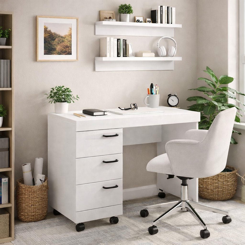 Escrivaninha Mesa Escritório Osaka 3 Gavetas 90cm Branca Branco