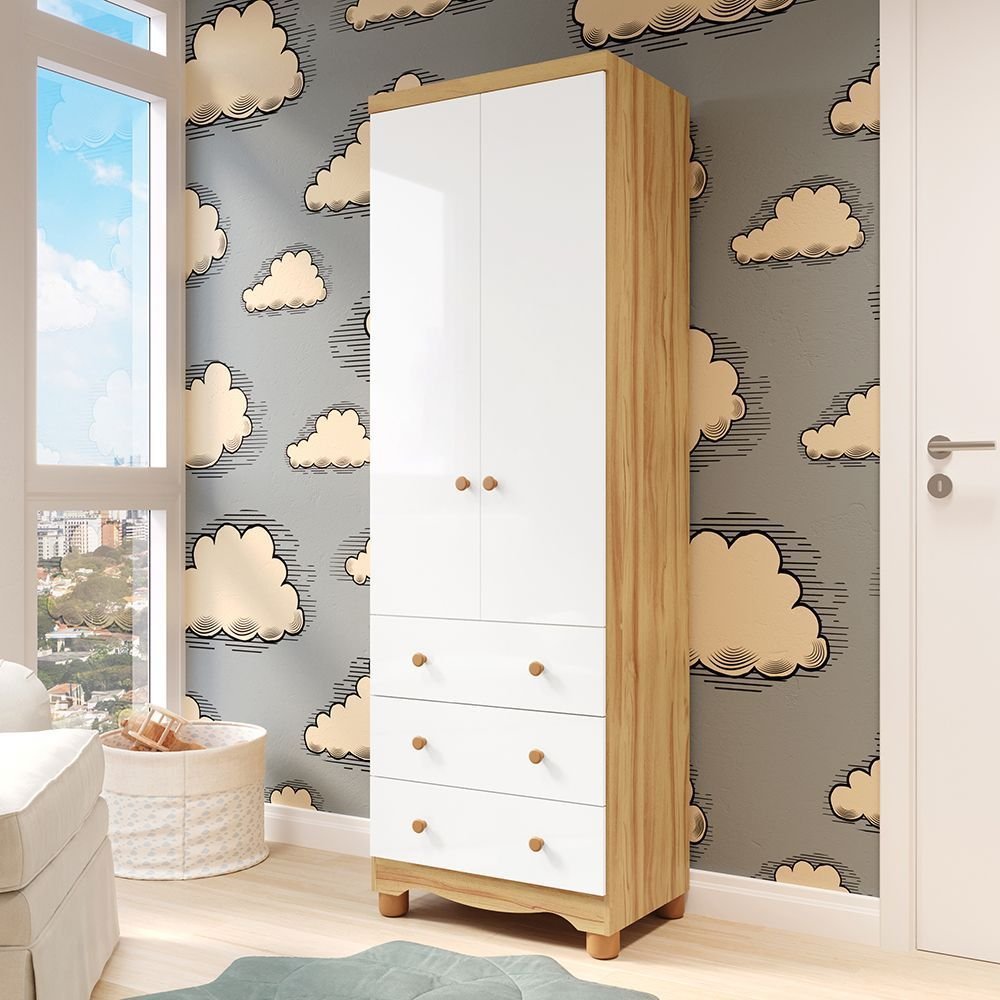 Guarda-Roupa Infantil 2 Portas e 3 Gavetas 100% MDF Mimo Espresso Móveis Branco Brilho/Amêndoa Branco Brilho/Amêndoa