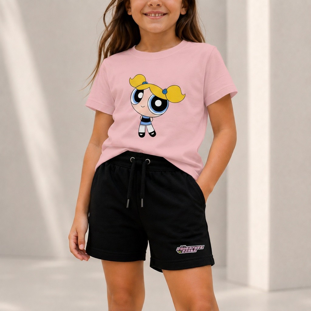 Kit Camiseta Infantil Meninas Super Poderosas Lindinha Menina e Bermuda Moletinho