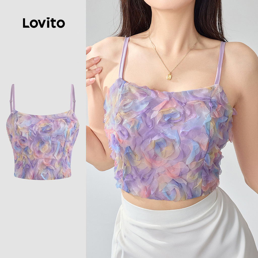 Lovito Top Cropped Glamouroso Com Estampa Floral Alças Finas Ajustáveis ​​e Detalhes Franzidos Para Férias De Verão Para Mulheres LR2ED054