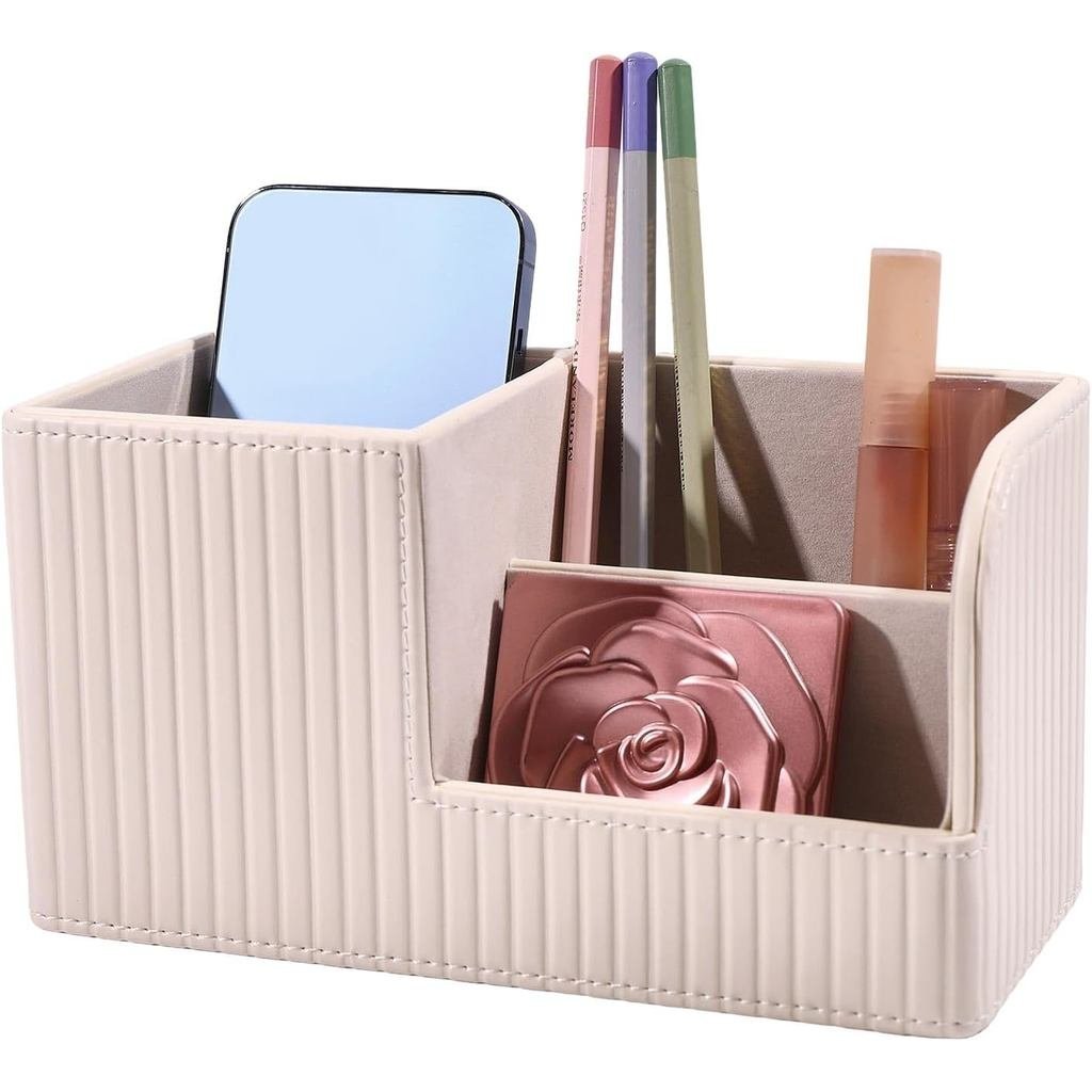 Organizador de Mesa em Couro PU, Caixa de Multifuncional com 3 Compartimentos, Organizador de Suprimentos 