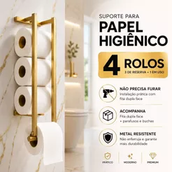 Suporte Papel Higiênico Parede Metal Premium Reforçado Porta 4 Rolos Banheiro Moderno Luxuoso