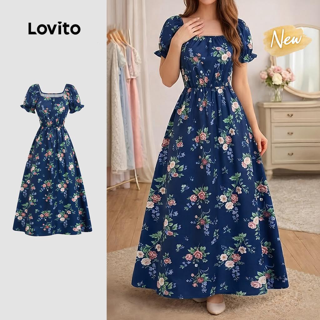(New Arrival) Lovito Padrão de Vestido Boho Plissado Vestido Primavera/verão par